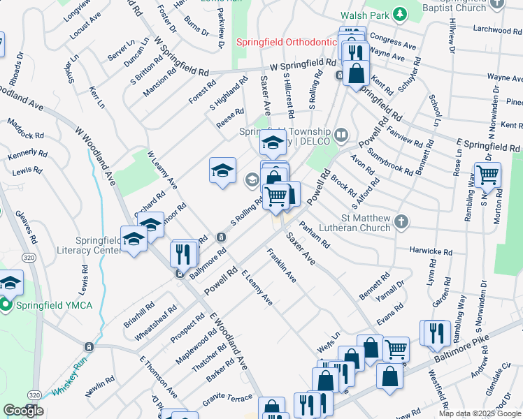 map of restaurants, bars, coffee shops, grocery stores, and more near 224 Ballymore Road in Springfield