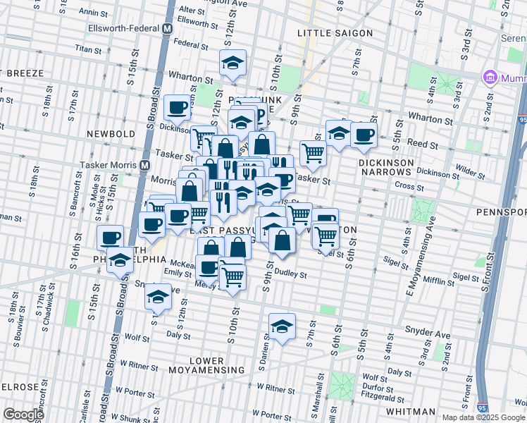 map of restaurants, bars, coffee shops, grocery stores, and more near 923 Pierce Street in Philadelphia