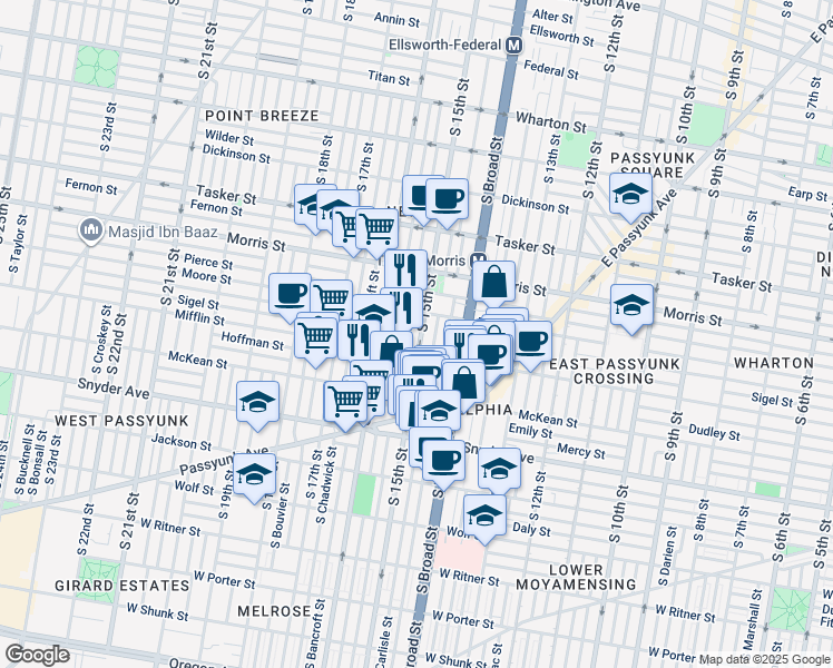 map of restaurants, bars, coffee shops, grocery stores, and more near 1826 South 15th Street in Philadelphia