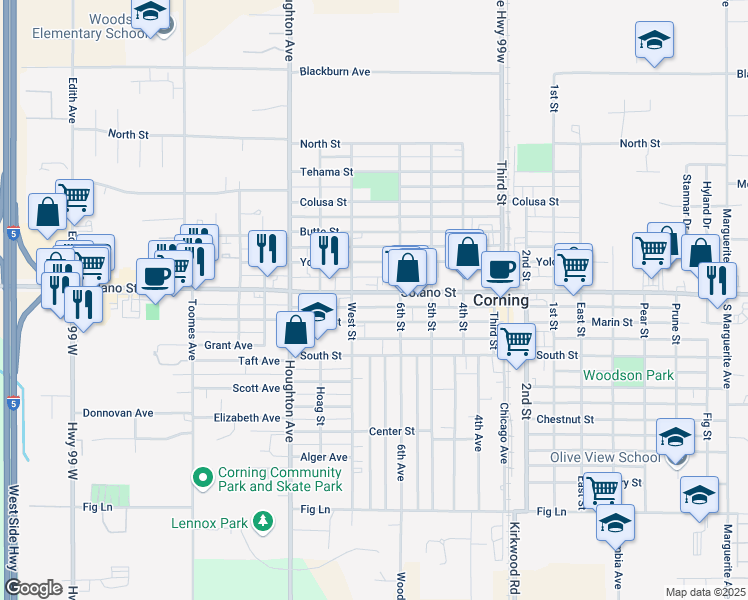 map of restaurants, bars, coffee shops, grocery stores, and more near in Corning