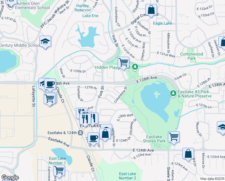 map of restaurants, bars, coffee shops, grocery stores, and more near 2412 East 127th Drive in Thornton