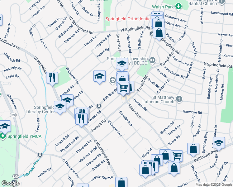 map of restaurants, bars, coffee shops, grocery stores, and more near 224 Ballymore Road in Springfield