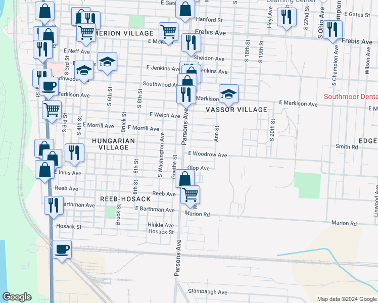 map of restaurants, bars, coffee shops, grocery stores, and more near 460 Olpp Avenue in Columbus