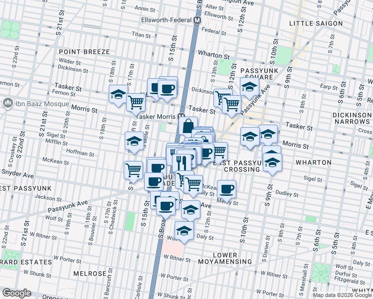 map of restaurants, bars, coffee shops, grocery stores, and more near 1326 Sigel Street in Philadelphia