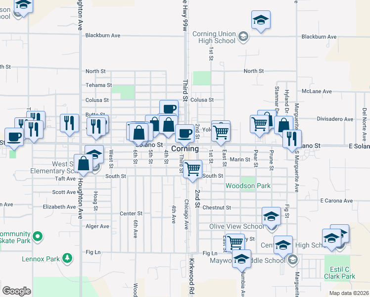 map of restaurants, bars, coffee shops, grocery stores, and more near in Corning