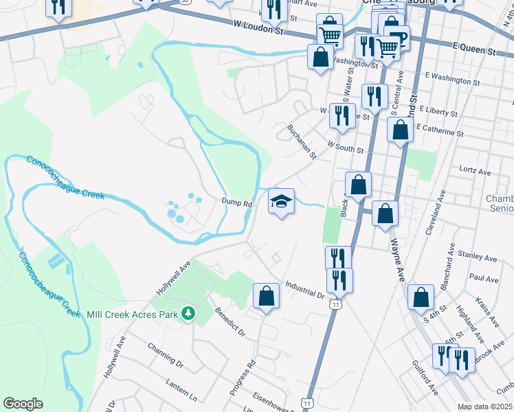 map of restaurants, bars, coffee shops, grocery stores, and more near 800 Hollywell Avenue in Chambersburg