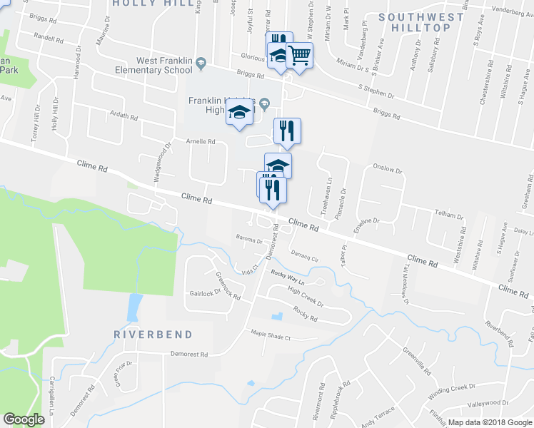map of restaurants, bars, coffee shops, grocery stores, and more near 3535 Clime Rd in Columbus