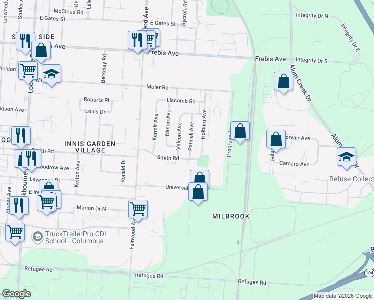 map of restaurants, bars, coffee shops, grocery stores, and more near 1647 Smith Road in Columbus