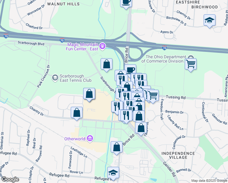 map of restaurants, bars, coffee shops, grocery stores, and more near 5959 Scarborough Boulevard in Columbus