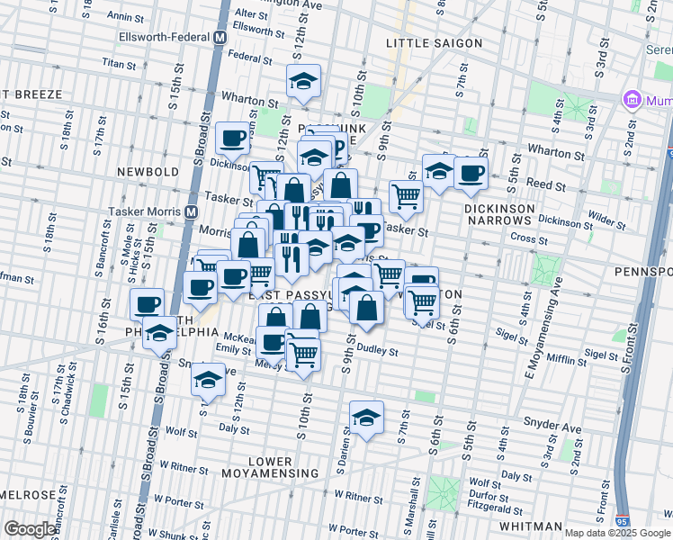 map of restaurants, bars, coffee shops, grocery stores, and more near 933 Pierce Street in Philadelphia