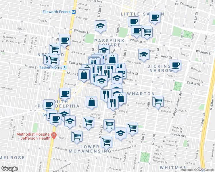 map of restaurants, bars, coffee shops, grocery stores, and more near 1724 South 10th Street in Philadelphia