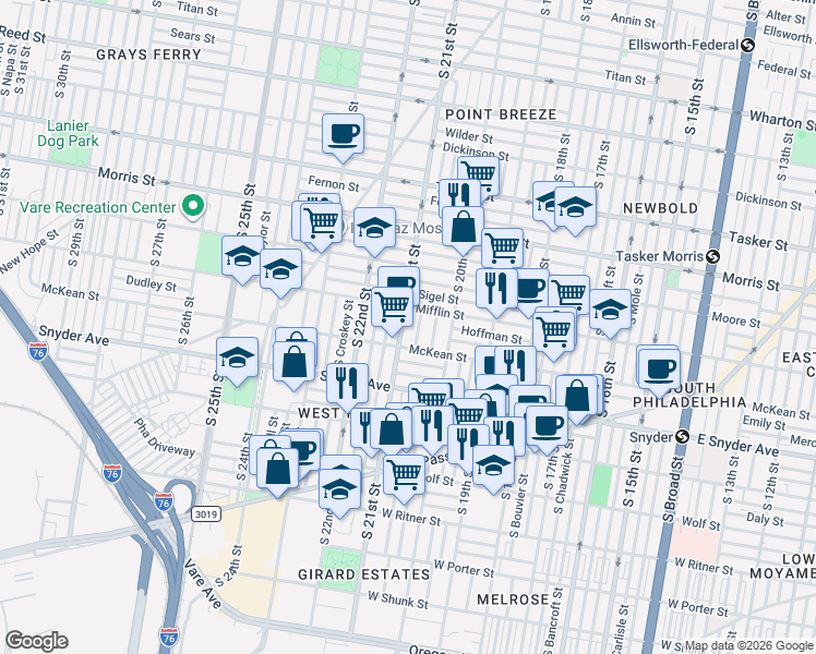 map of restaurants, bars, coffee shops, grocery stores, and more near 1925 South 21st Street in Philadelphia