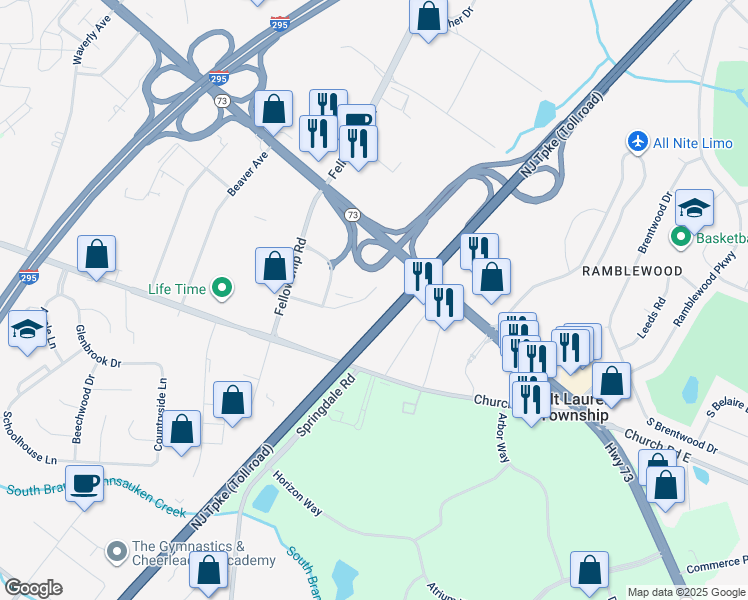 map of restaurants, bars, coffee shops, grocery stores, and more near 250 Century Parkway in Mount Laurel Township