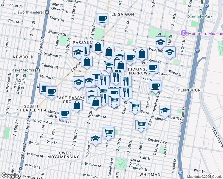 map of restaurants, bars, coffee shops, grocery stores, and more near 722 Morris Street in Philadelphia