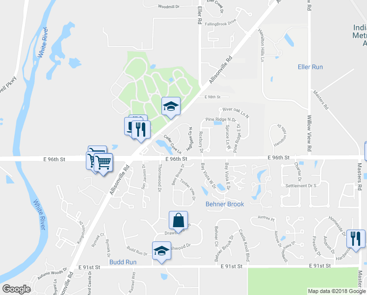 map of restaurants, bars, coffee shops, grocery stores, and more near 9610 Highgate Circle North in Indianapolis