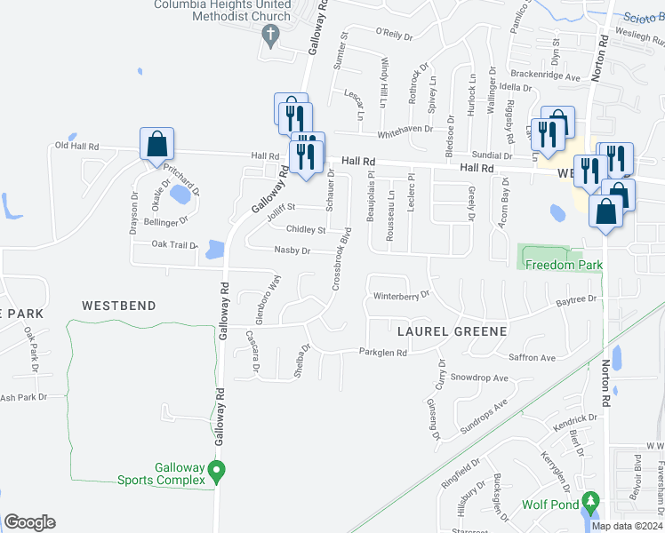 map of restaurants, bars, coffee shops, grocery stores, and more near 1221 Crossbrook Boulevard in Galloway