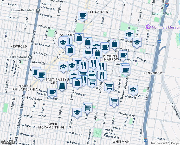 map of restaurants, bars, coffee shops, grocery stores, and more near 722 Morris Street in Philadelphia