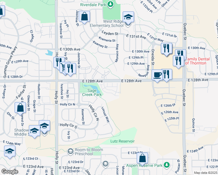 map of restaurants, bars, coffee shops, grocery stores, and more near 12753 Leyden Street in Thornton