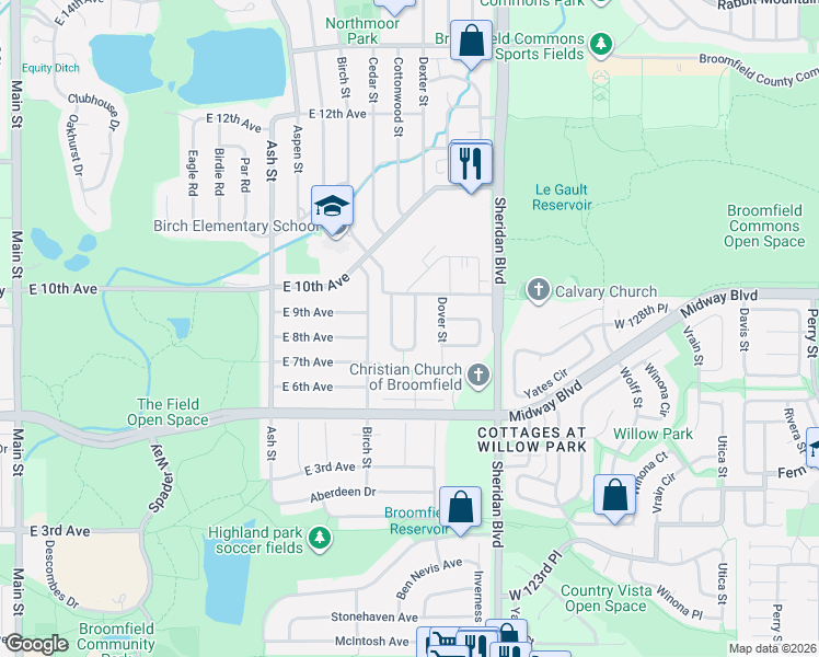 map of restaurants, bars, coffee shops, grocery stores, and more near 731 Cottonwood Drive in Broomfield