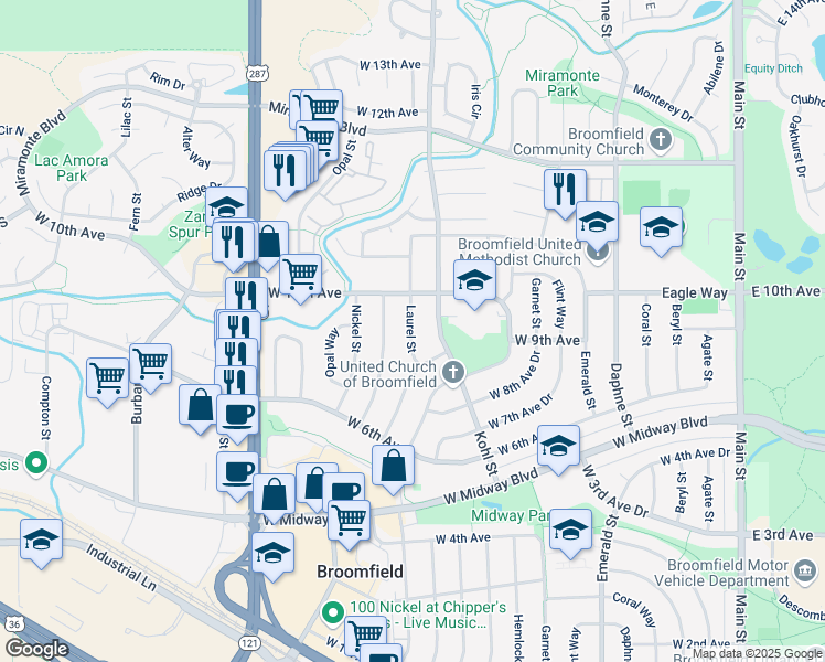 map of restaurants, bars, coffee shops, grocery stores, and more near 815 Lotus Way in Broomfield