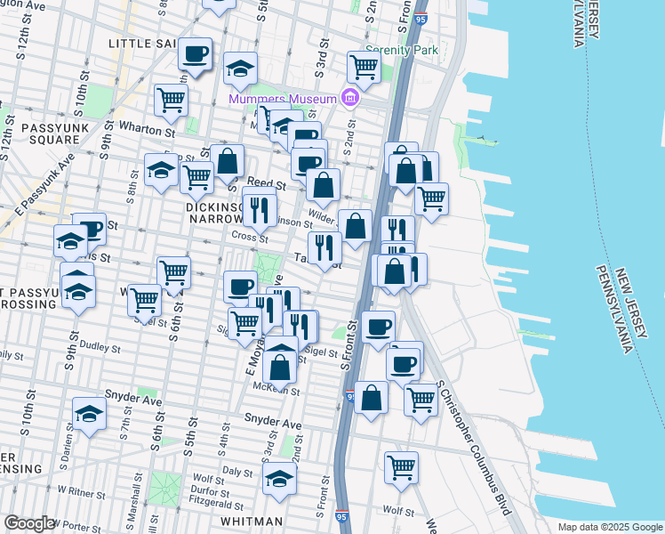 map of restaurants, bars, coffee shops, grocery stores, and more near 140 Fernon Street in Philadelphia