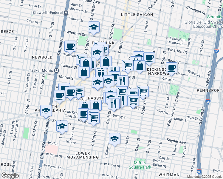 map of restaurants, bars, coffee shops, grocery stores, and more near 1740 South 9th Street in Philadelphia