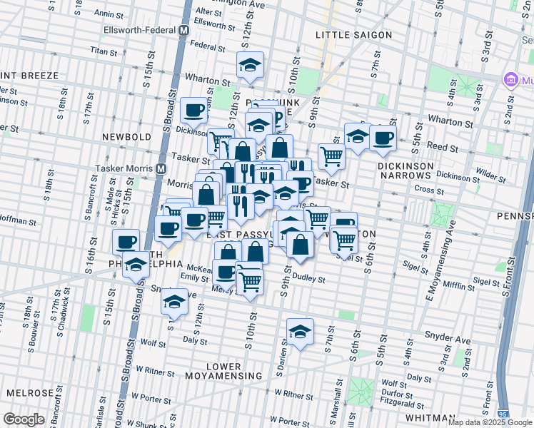 map of restaurants, bars, coffee shops, grocery stores, and more near 1724 South 10th Street in Philadelphia