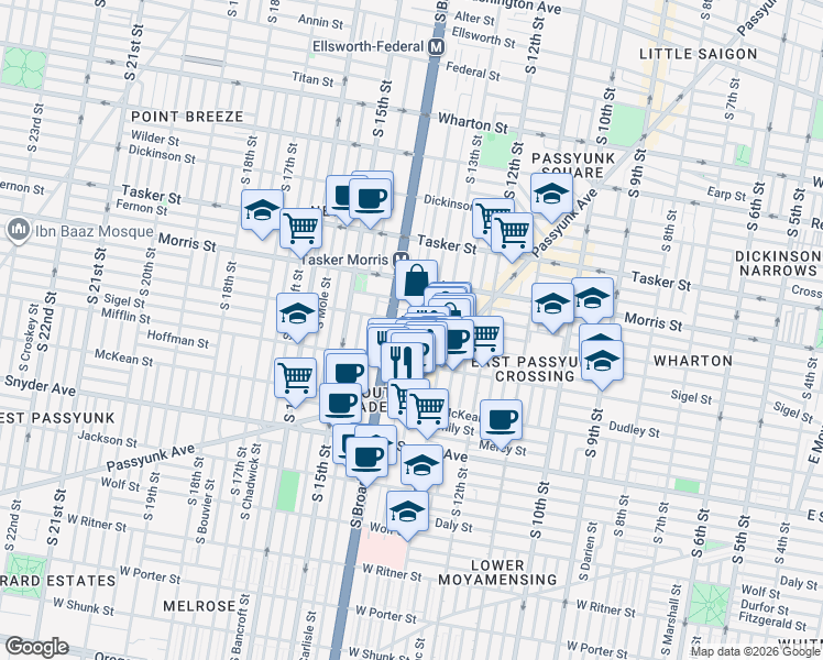 map of restaurants, bars, coffee shops, grocery stores, and more near 1326 Sigel Street in Philadelphia