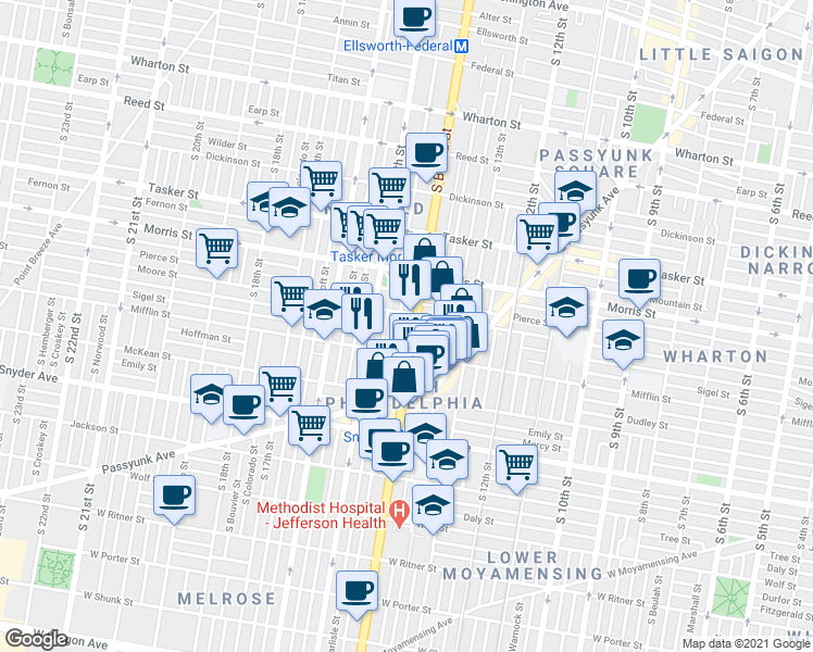 map of restaurants, bars, coffee shops, grocery stores, and more near 1913 South Broad Street in Philadelphia
