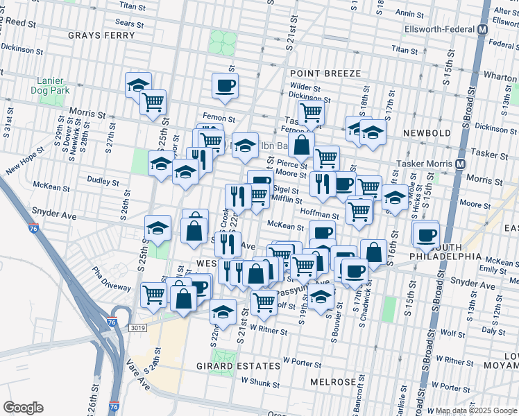 map of restaurants, bars, coffee shops, grocery stores, and more near 1926 South 21st Street in Philadelphia