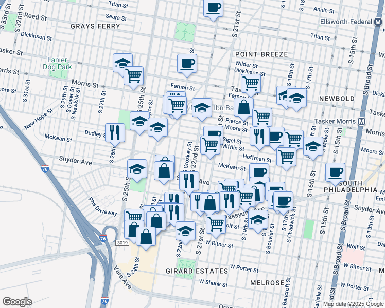 map of restaurants, bars, coffee shops, grocery stores, and more near 2013 South Croskey Street in Philadelphia
