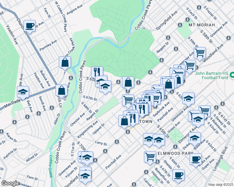 map of restaurants, bars, coffee shops, grocery stores, and more near 6553 Kingsessing Avenue in Philadelphia