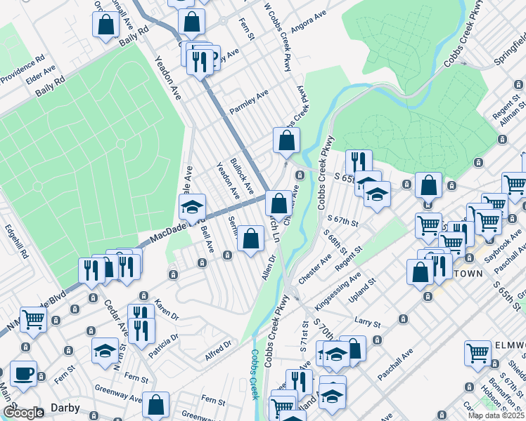 map of restaurants, bars, coffee shops, grocery stores, and more near 1031 Yeadon Avenue in Yeadon