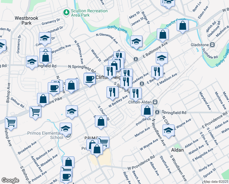 map of restaurants, bars, coffee shops, grocery stores, and more near 47 West Broadway Avenue in Clifton Heights