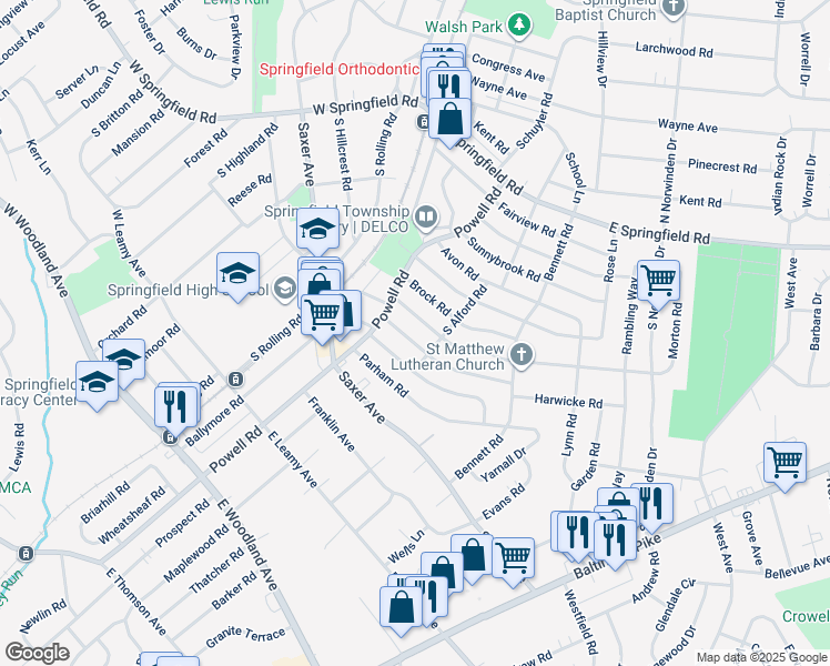 map of restaurants, bars, coffee shops, grocery stores, and more near 229 Sedgewood Road in Springfield