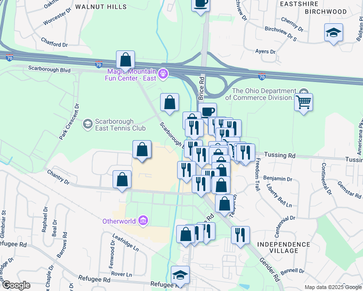 map of restaurants, bars, coffee shops, grocery stores, and more near in Columbus