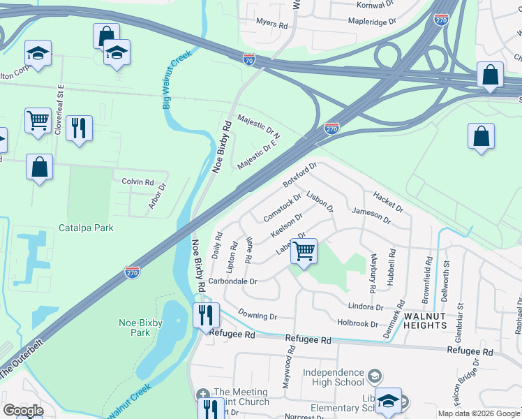 map of restaurants, bars, coffee shops, grocery stores, and more near 4941 Comstock Drive in Columbus
