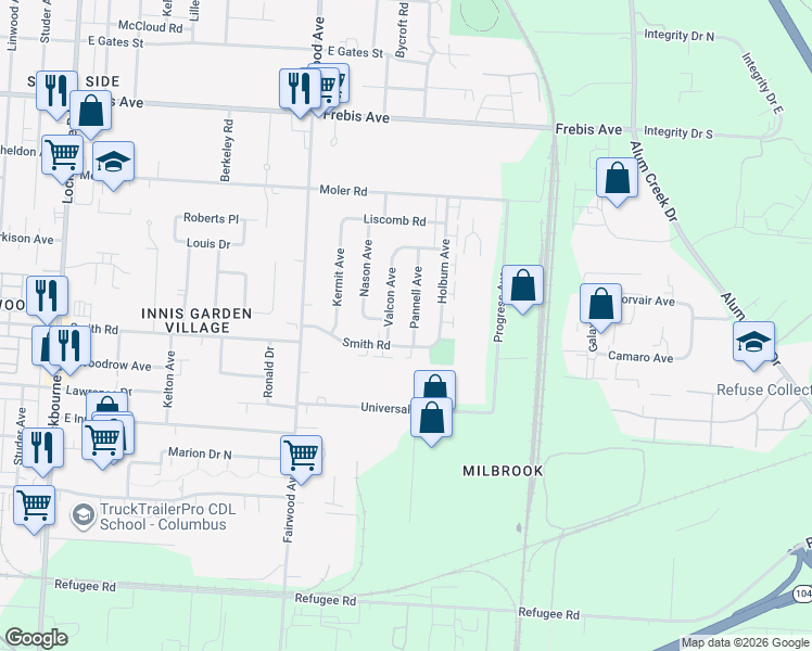 map of restaurants, bars, coffee shops, grocery stores, and more near 1647 Smith Road in Columbus