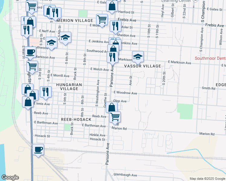 map of restaurants, bars, coffee shops, grocery stores, and more near 1775 Parsons Avenue in Columbus
