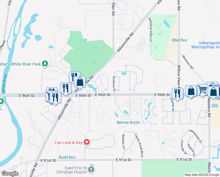 map of restaurants, bars, coffee shops, grocery stores, and more near 6100 East 96th Street in Indianapolis