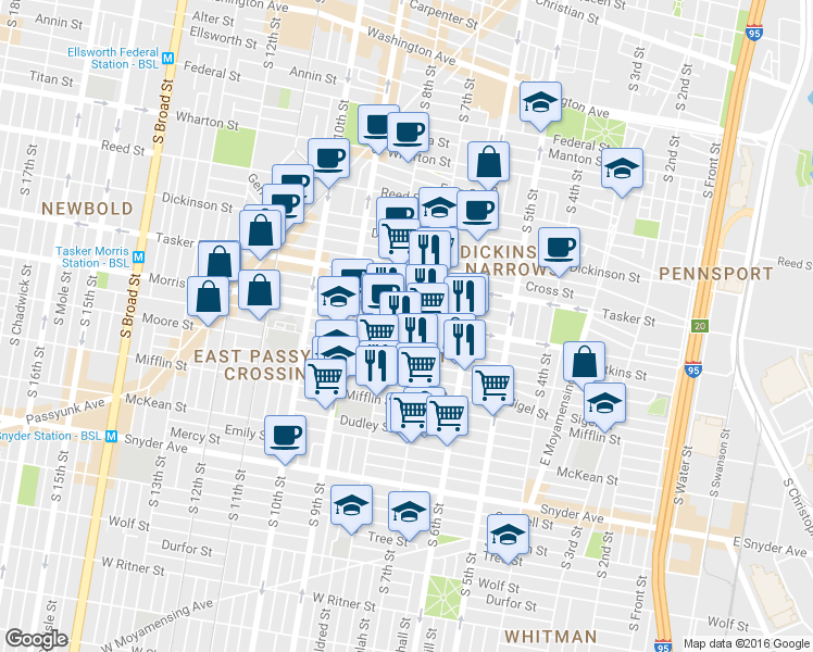 map of restaurants, bars, coffee shops, grocery stores, and more near 726 Morris Street in Philadelphia