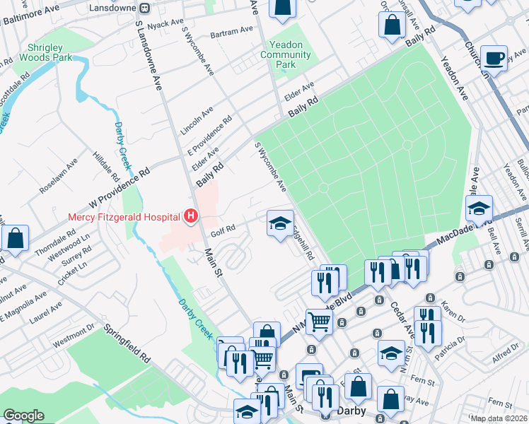 map of restaurants, bars, coffee shops, grocery stores, and more near 138 Golf Road in Darby