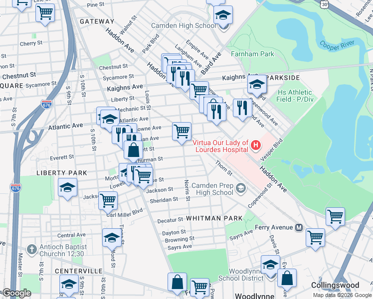 map of restaurants, bars, coffee shops, grocery stores, and more near 1274 Thurman Street in Camden