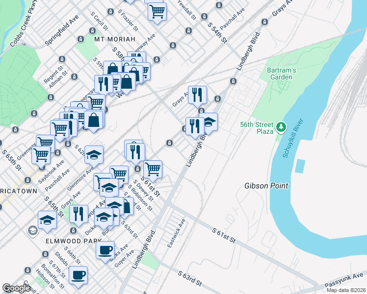 map of restaurants, bars, coffee shops, grocery stores, and more near 5825 Lindbergh Boulevard in Philadelphia