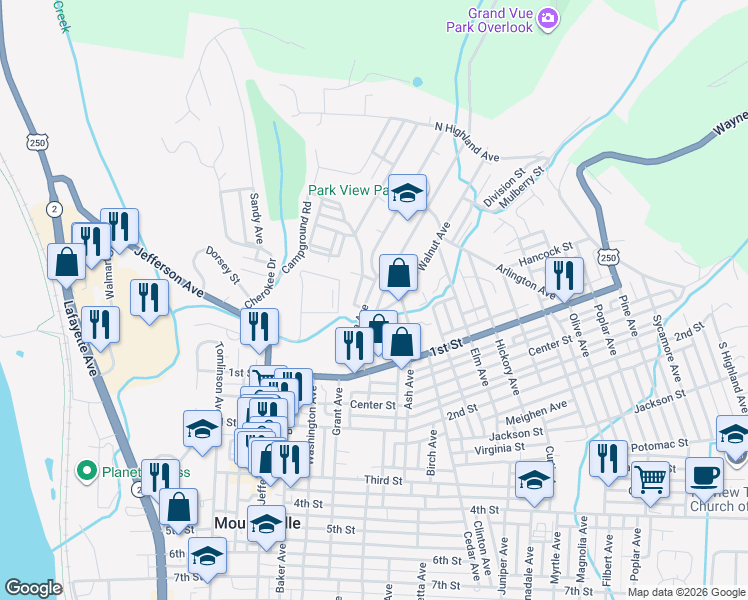 map of restaurants, bars, coffee shops, grocery stores, and more near 9 Ash Avenue in Moundsville