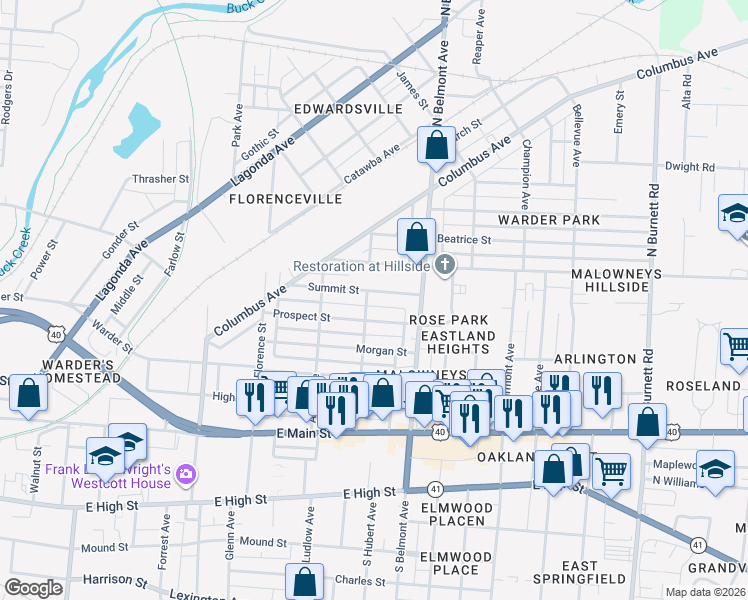 map of restaurants, bars, coffee shops, grocery stores, and more near 1815 Prospect Street in Springfield