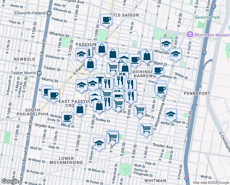 map of restaurants, bars, coffee shops, grocery stores, and more near 724 Morris Street in Philadelphia