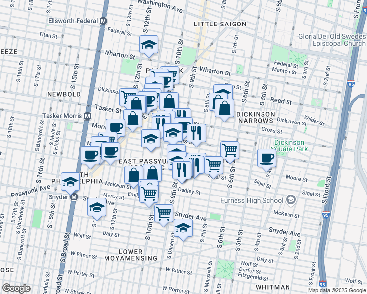 map of restaurants, bars, coffee shops, grocery stores, and more near 1713 South 9th Street in Philadelphia