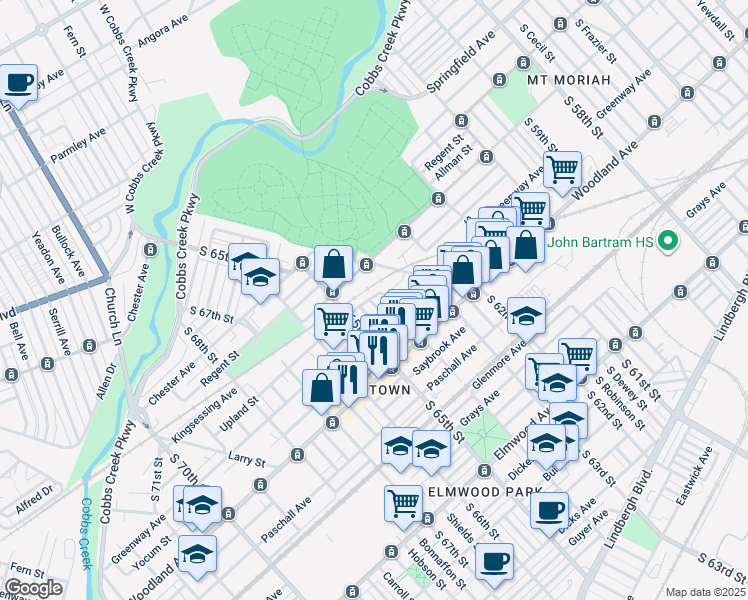 map of restaurants, bars, coffee shops, grocery stores, and more near 2001 South Avondale Street in Philadelphia