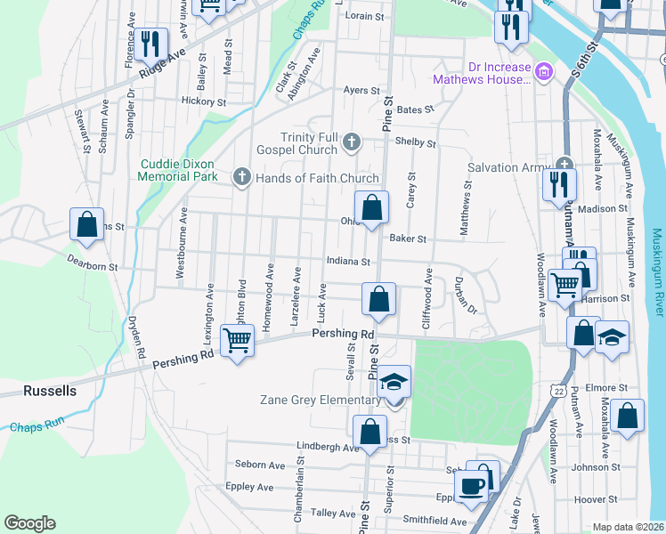 map of restaurants, bars, coffee shops, grocery stores, and more near 926 Nancy Avenue in Zanesville